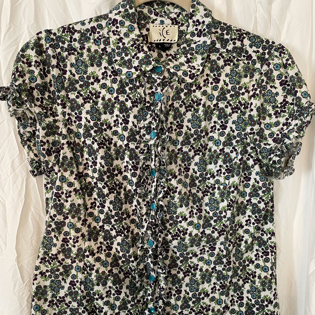 Ice Brand Womens BlueGreen  White Floral Short Sleeve Blouse Size Large